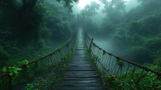 Fototapeta Misty jungle rope bridge (3)
