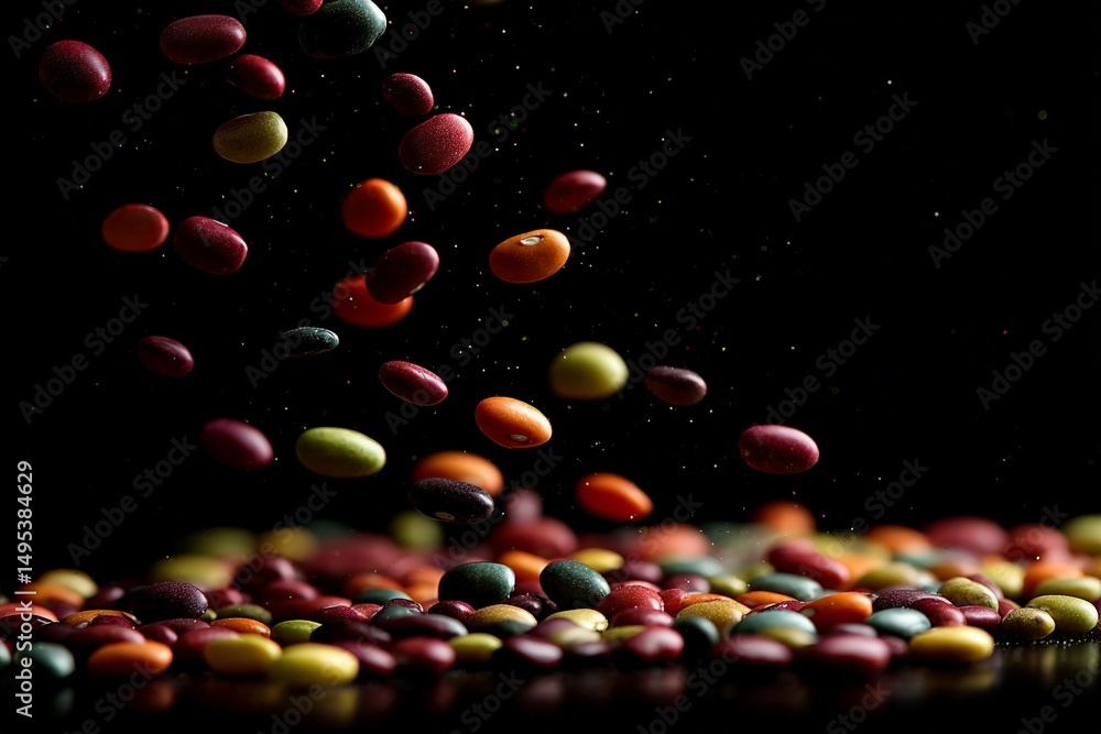 Poster colorful beans falling gracefully against a dark background, showcasing a vibrant assortment of shap