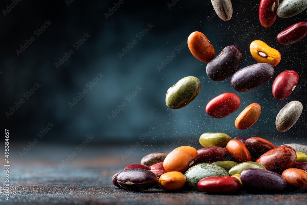 Poster colorful beans fall gracefully onto a dark surface creating a vibrant display of nature's variety in