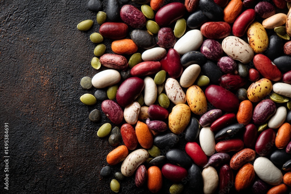 Poster Diverse mix of colorful beans spread on rustic surface creating a vibrant food background for culinary use