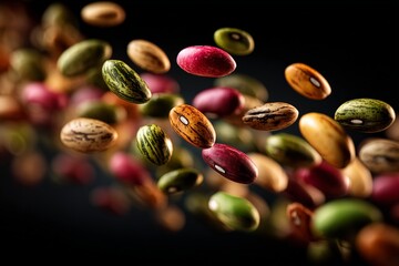 Colorful beans in vibrant motion captured against a dark background