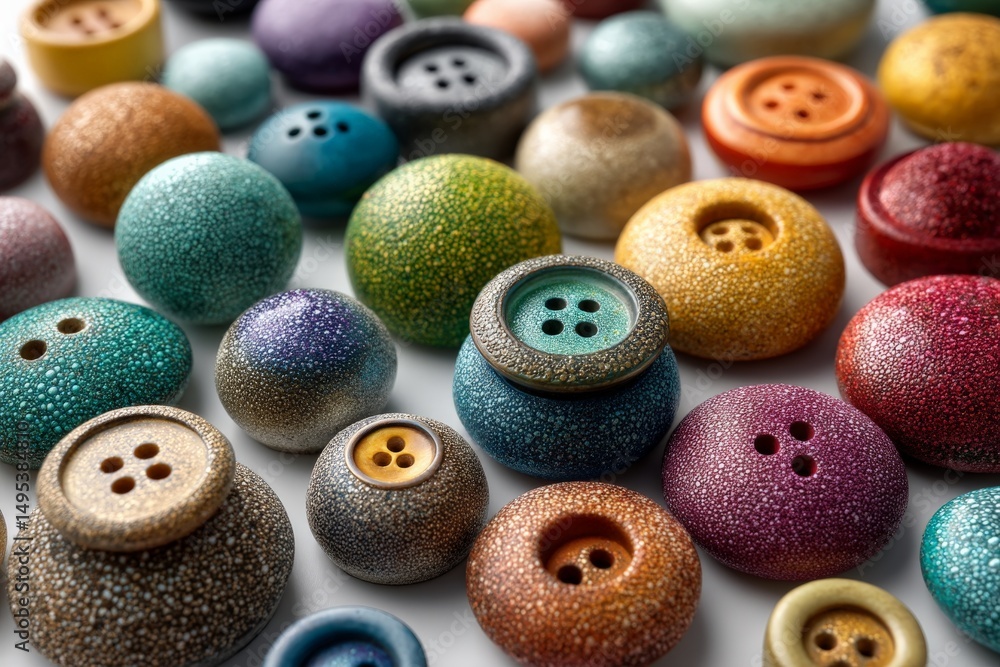 Poster Colorful collection of unique buttons in various shapes and sizes displayed on a light background
