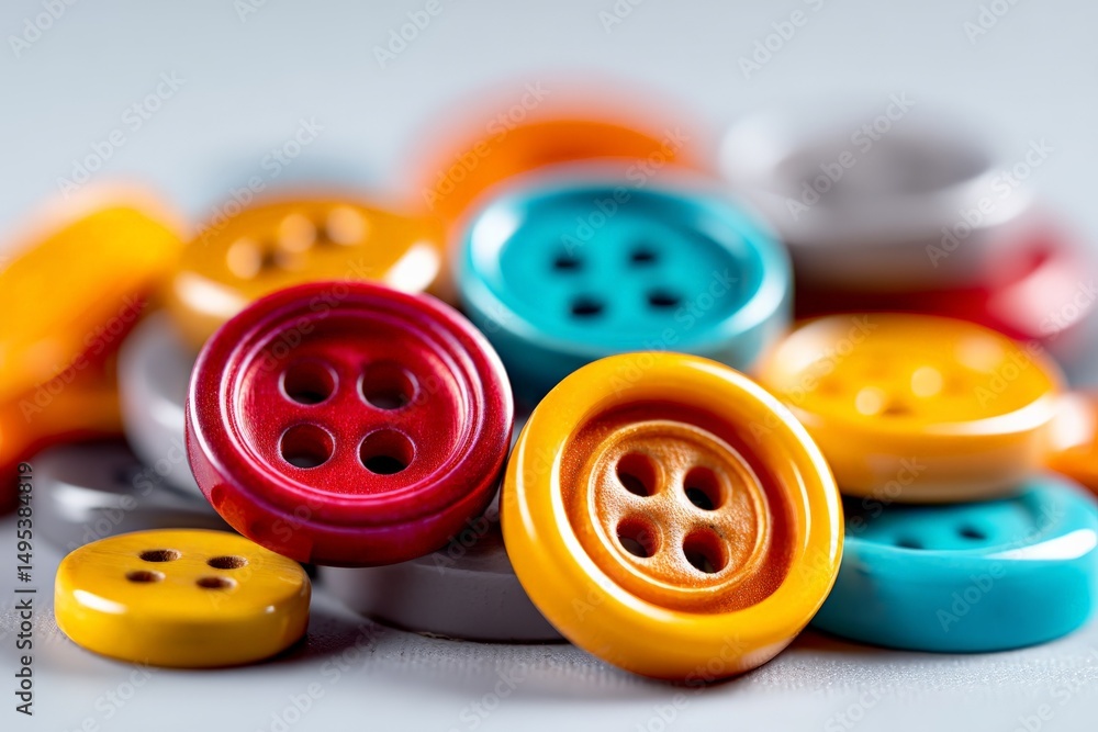 Poster Colorful assortment of plastic buttons scattered on a surface creating a vibrant and joyful visual display
