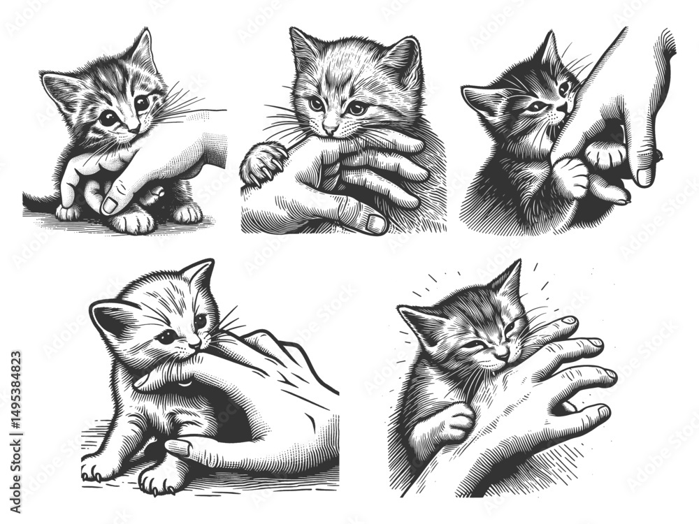 Poster kittens biting hands in a playful set collection bundle sketch engraving generative ai vector illust