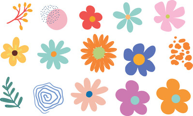 Groovy floral vector set. Collection of funky cartoon flowers, cute hand-drawn blossoms, sparkles, abstract leaves, and retro botanical elements. Perfect for hippie decor, sticker packs.