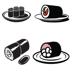 Simple Black and White Illustration of Sushi Rolls, Simple Black and White Sushi Roll Icons with Chopsticks, Simple Black and White Sushi Roll Illustrations