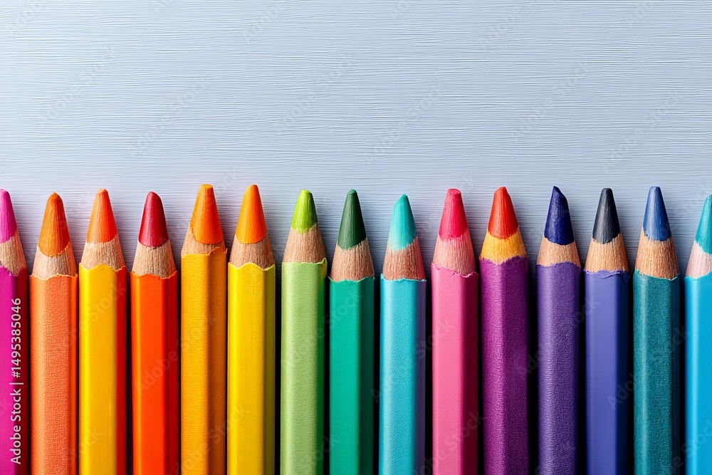 Poster vibrant colored pencils arranged in a neat row against a light background showcasing a variety of sh