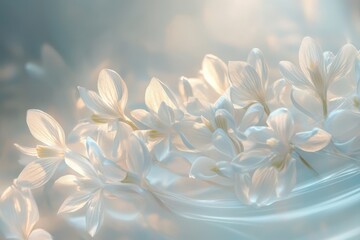 Fototapeta premium Soft focus image of white crocus flowers with light blue and gold background. Use for springtime, Easter, or any project needing gentle, elegant visuals.