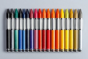 Fototapeta premium Vibrant assortment of colored crayons arranged neatly on a gray surface in bright hues