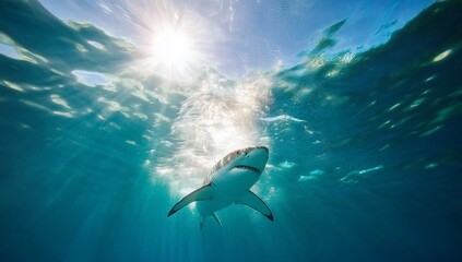 Naklejka premium Majestic predator ascends from ocean depths, sunlit water above