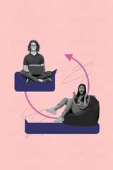 Image vertical 3d collage poster of happy girl guy sit receive message communication icon dialogue...