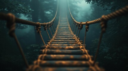 Fototapeta premium Misty rope bridge through a dark jungle