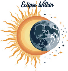 A celestial eclipse showcasing the sun moon and stars in a beautiful graphic design.