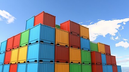 Fototapeta premium Colorful Shipping Containers Stacked High Against a Blue Sky Representing Global Trade and Logistics