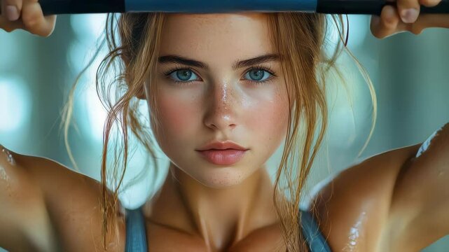 Close-up portrait of a fit young woman with piercing blue eyes, sweaty face, and intense gaze after a workout session