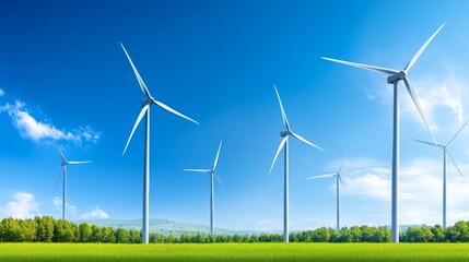 Fototapeta premium Green Energy Wind Turbines in a Lush Meadow under a Blue Sky Sustainable Power Generation