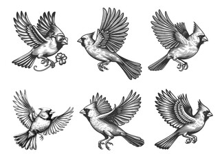 Obraz premium cardinals in flight set collection bundle sketch engraving generative ai vector illustration. Scratch board imitation. Black and white image.