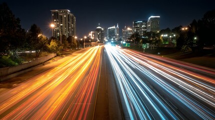Obraz premium Dynamic night traffic on urban highway city skyline long exposure photography nighttime aerial view motion