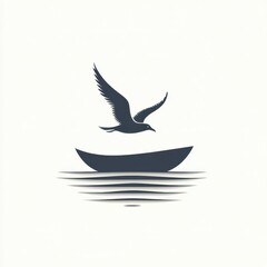 Silhouette of a bird flying over a calm water surface near a small boat at dawn