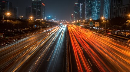 Obraz premium Dynamic nighttime traffic flow urban cityscape photography night aerial view motion and energy