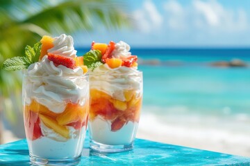 Layers of whipped cream and fresh fruit in a glass.