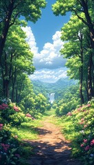 Obraz premium Lush forest path to waterfall, summer landscape