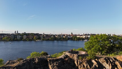 Aerial drone photos over Kungsholmen, Långholmen and Västerbron in Stockholm, Sweden