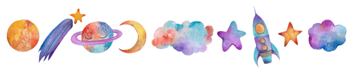 A set of watercolor elements stars, space, moon, clouds, for baby boys and girls.