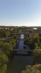 Aerial drone photos over Kungsholmen, Långholmen and Västerbron in Stockholm, Sweden