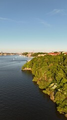 Aerial drone photos over Kungsholmen, Långholmen and Västerbron in Stockholm, Sweden