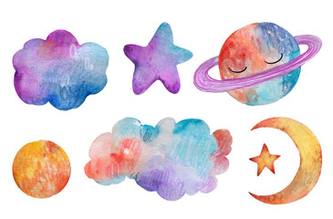 A set of watercolor elements stars, space, moon, clouds, for baby boys and girls.