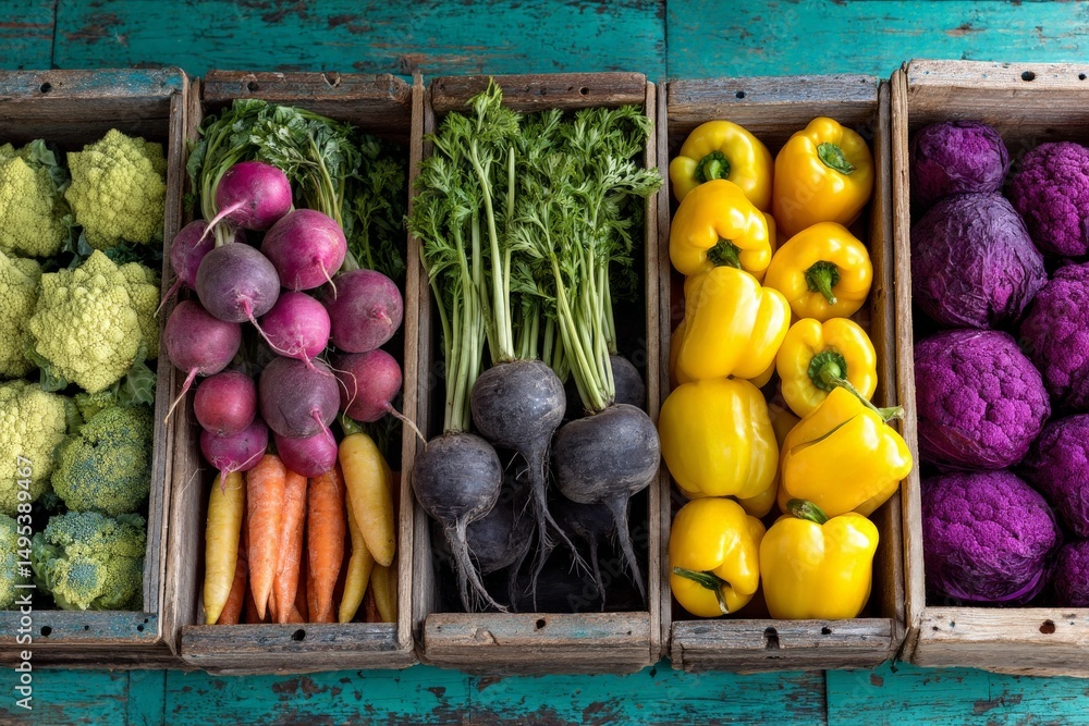 Poster freshly harvested vegetables displayed in rustic wooden crates on a vibrant turquoise table