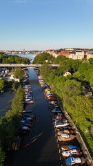 Drone photos above Långholmen island and Södermalm in Stockholm, Sweden