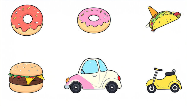 Cartoon illustrations of a strawberry donut, pink donut, taco, hamburger, car, and scooter - Powered by Adobe