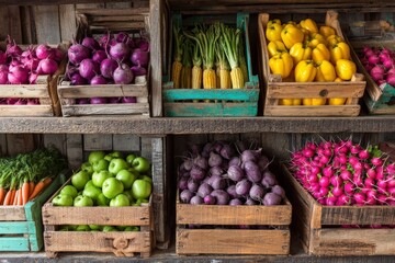 Colorful display of fresh vegetables and fruits in wooden crates in a rustic market stand during daylight