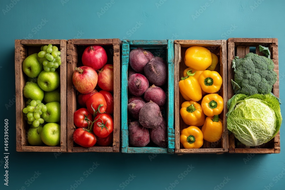 Poster colorful assortment of fresh vegetables and fruits displayed in wooden crates on a blue table