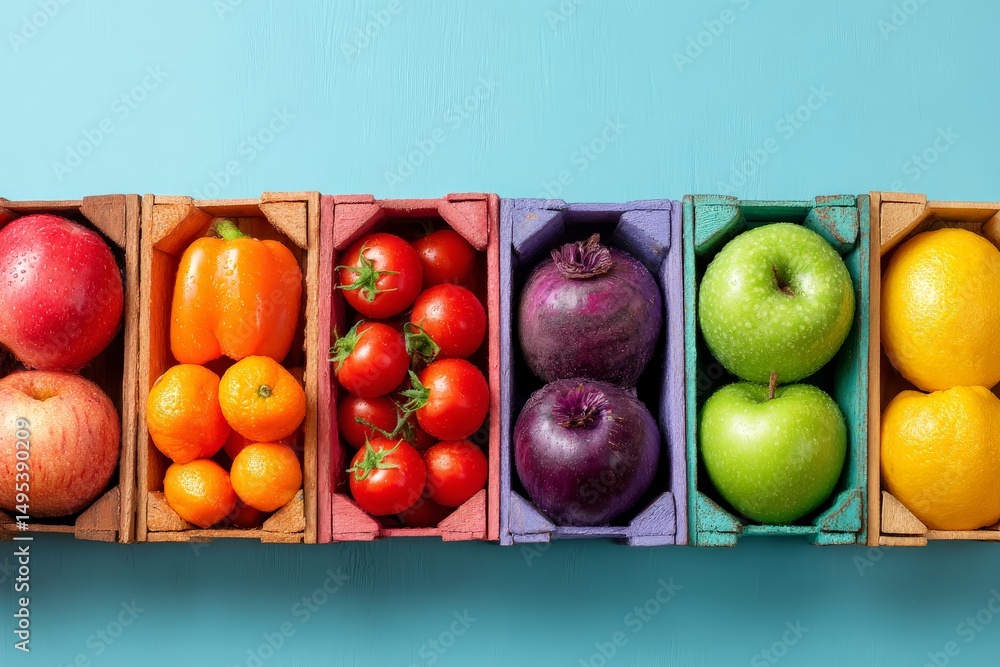 Poster Fresh fruits and vegetables arranged in colorful crates on a light blue background inviting healthy eating