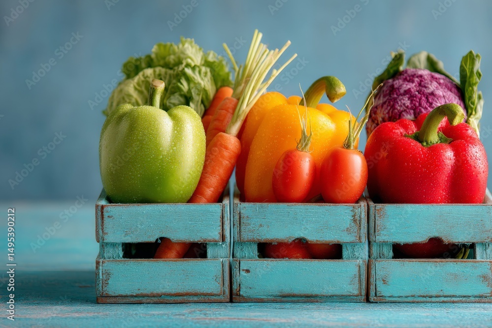 Aufkleber fresh vegetables arranged in colorful wooden crates on a blue background