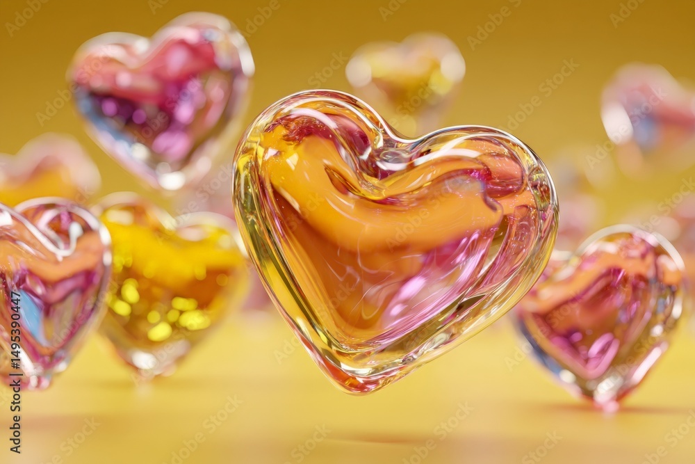 Aufkleber colorful glass hearts floating in the air with a vibrant yellow background creating a joyful and rom