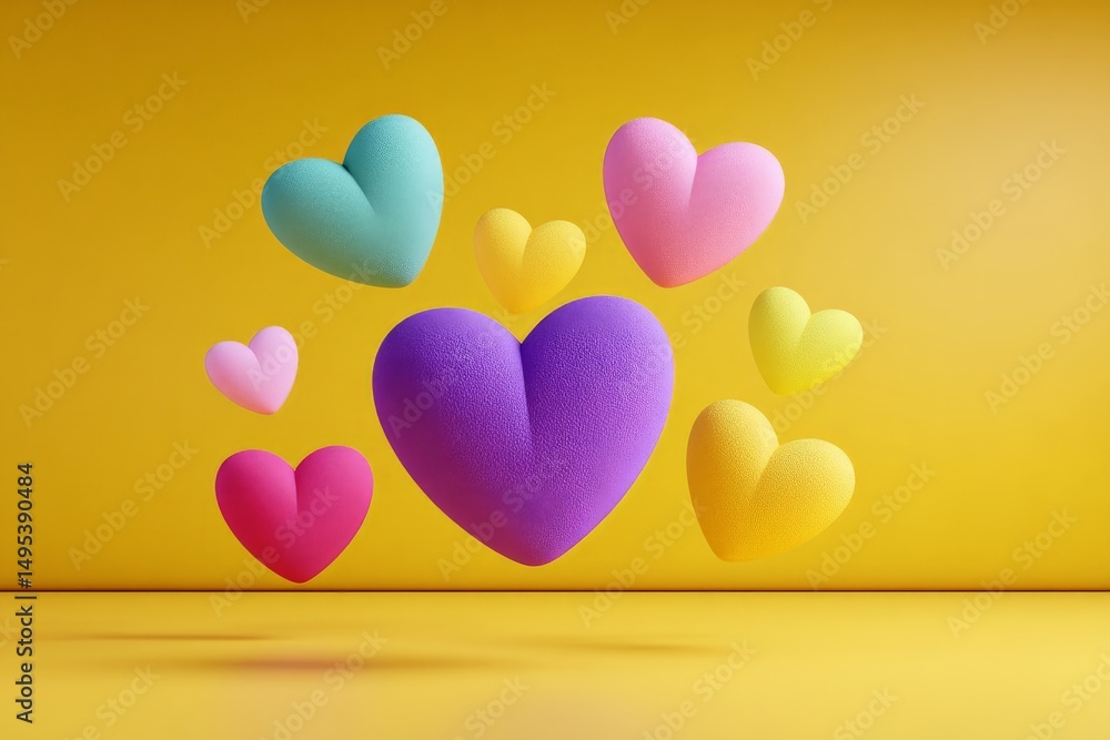 Poster colorful hearts float against a bright yellow background, creating a cheerful and playful atmosphere