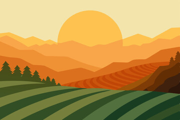 late afternoon sun glowing over misty rice terrace.svg