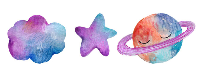 A set of watercolor elements stars, space, moon, clouds, for baby boys and girls.
