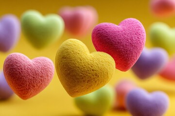 Fototapeta premium Colorful sponge hearts floating against a yellow background create a cheerful and playful atmosphere for decoration or celebration
