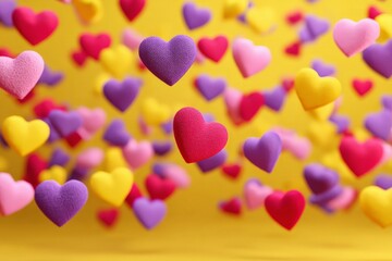 Obraz premium Colorful hearts floating on a bright yellow background create a joyful atmosphere for celebrations and special occasions