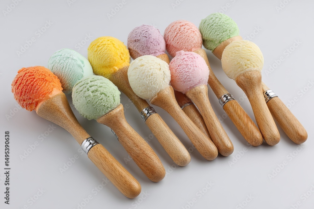 Poster colorful ice cream scoops arranged neatly on wooden scoops in a light setting for a delightful desse