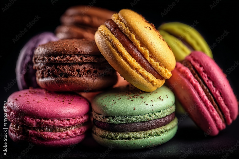 Poster colorful macarons arranged in a decorative pile with a dark background showcasing their textures and