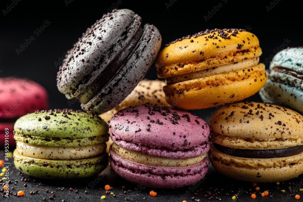 Poster delightful assortment of colorful macarons stacked on a dark surface during a dessert showcase