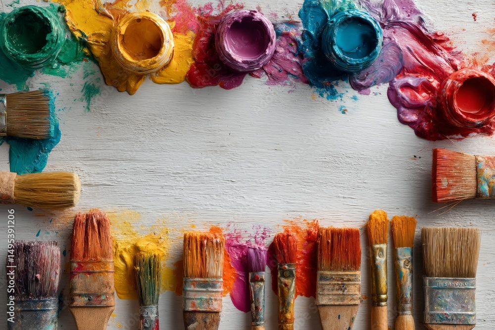 Poster Colorful array of paint and brushes arranged artfully on a wooden surface in a creative workspace