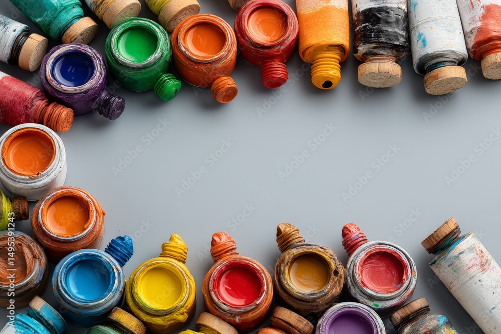 Poster Colorful paint containers arranged in a circular pattern highlighting various hues on a neutral background