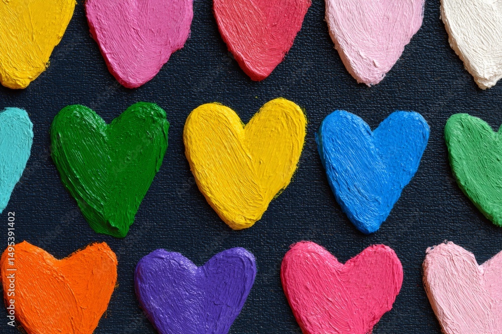 Poster colorful heart shapes arranged creatively on a dark background display artistic expression and vibra